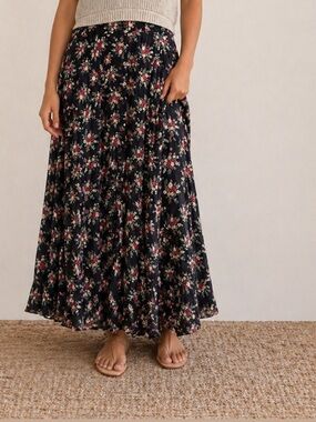 Vinatge Passport Black Floral Maxi Skirt with Pink and Cream Flowers